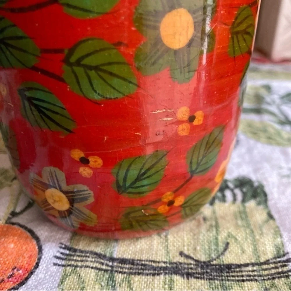 Retro Pier 1 Exports red painted decorative wooden jars with lids